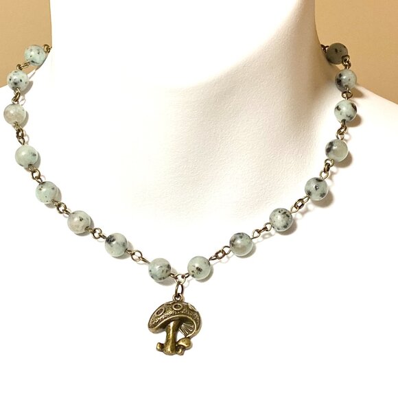 Natural Light Teal Kiwi Jasper Necklace, Bronze Round Mushroom+ Genuine Gemstone - Picture 2 of 13